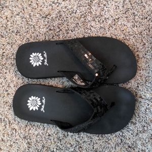 Yellow Box black flip flops with sequin straps